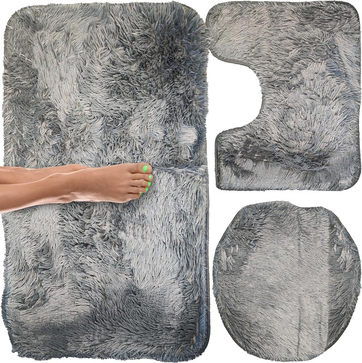 Set covorase baie 3 piese, antiderapante, pufoase, husa capac toaleta si decupaj vas WC, lavabile la masina, material moale si absorbant, gri