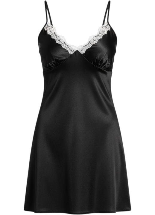 Дамска рокля от сатен, с апликирана дантела, StarFashion, с тънки презрамки, черна, XL