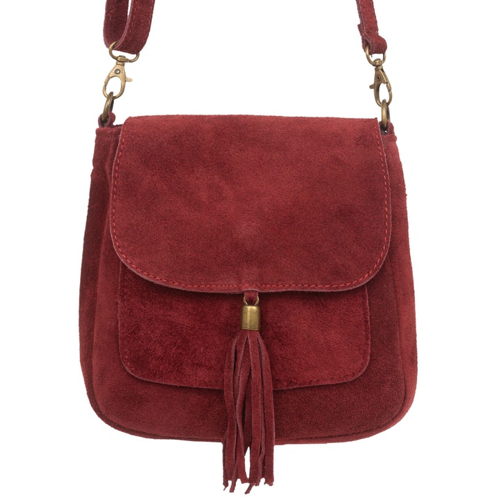 Geanta dama Vera Pelle, model Vanita, din piele naturala de nubuc, bordo, cu un compartiment si doua buzunare, curea detasabila ajustabila.