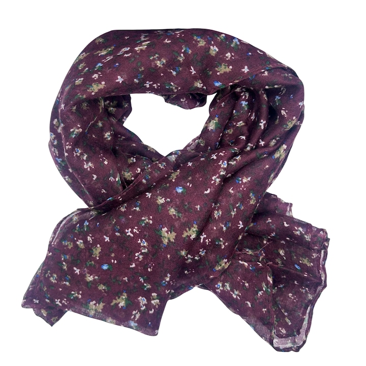 Esarfa cu flori albe LUCILLE, PRAVALIA CU SURPRIZE, Mov sangria, 70x180cm