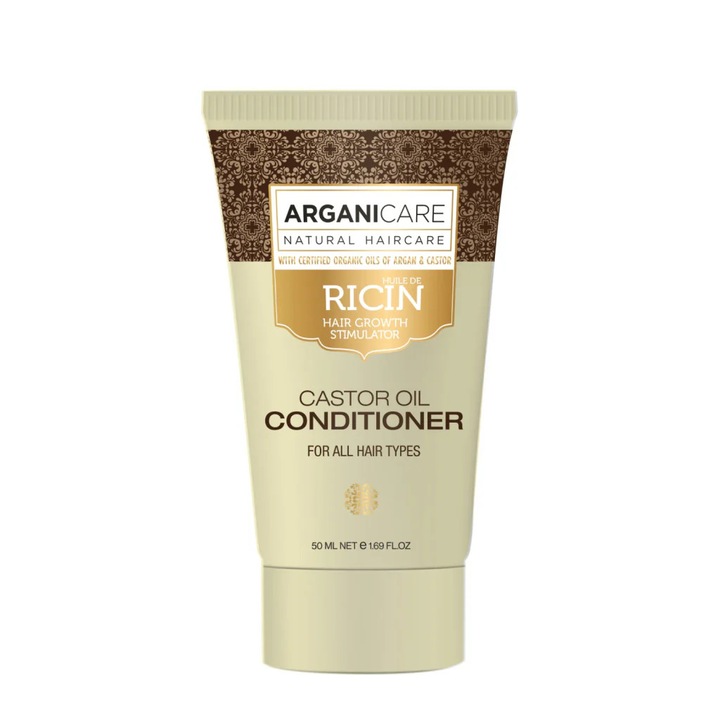 Utazó méretű balzsam hajnövekedés serkentésére, ricinusolajjal minden hajtípusra, Arganicare, 50 ml
