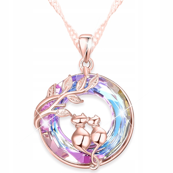 Colier din argint 925 cu pisici, placat cu aur roz, 42cm + 3cm, set complet cu cutie de bijuterii
