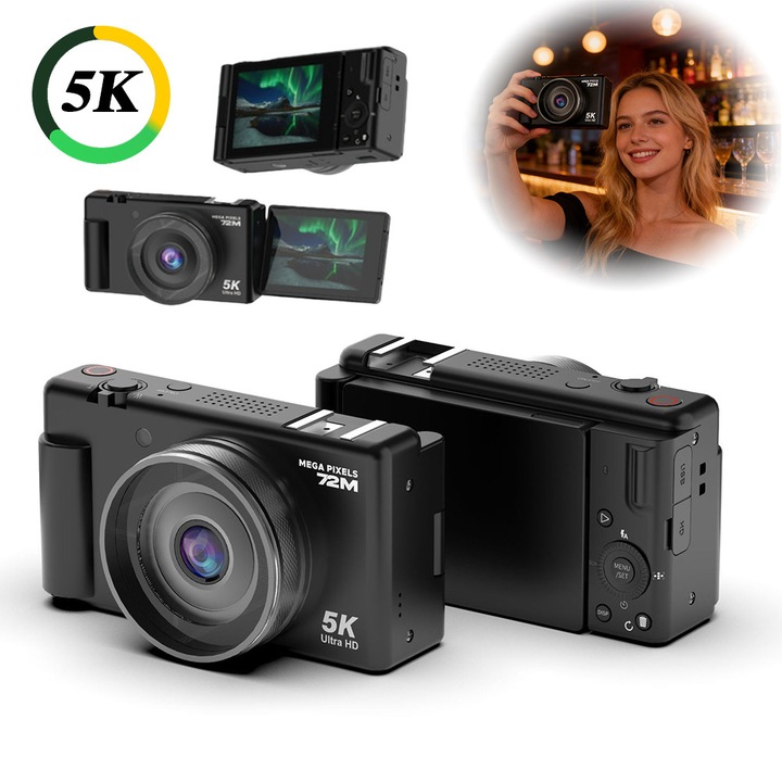 Excitat® 5K Ultra HD 80MP digitális fényképezőgép, 6 tengelyes precíziós stabilizálás, UHD videófelvétel, 2.83" IPS HD 270°-ban elforgatható képernyő, autofókusz, 16X zoom, F1.8 objektív, esztétikus retro design, ideális turizmushoz