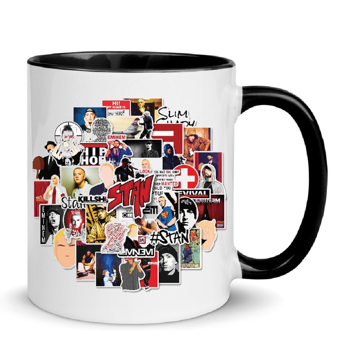 Cana Eminem No8, ceramica, 330ml, exterior alb cu interior si maner negru, design de inalta definitie, rezistenta la masina de spalat.