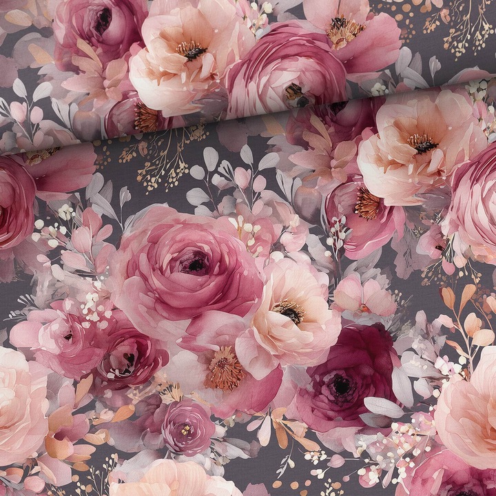 Material textil, Tricot jersey imprimat Trandafiri negri, bumbac 92%, elastan 8%