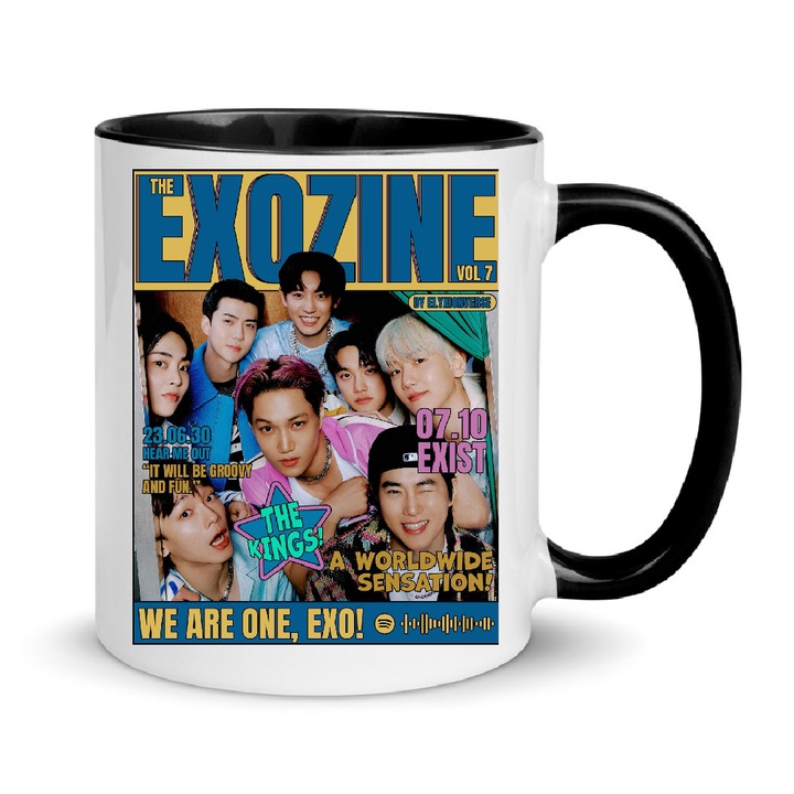 Cana EXO Music Band No6, ceramica, 330ml, exterior alb cu interior si maner negru, rezistenta la masina de spalat, design de inalta definitie