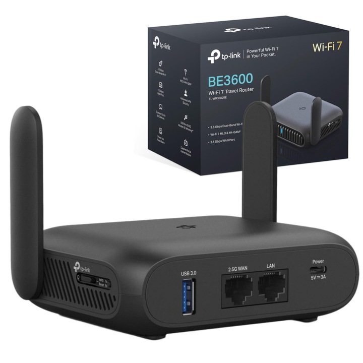 Router WLAN de calatorie TP-Link TL-WR3602BE Wi-Fi-7: punct de acces BE3600 dual-band cu functionare power bank, 2, 5G WAN + 1G LAN, OpenVPN si WireGuard (35+ VPN-Anbieter), USB 3.0, WPA3, 7 moduri de operare