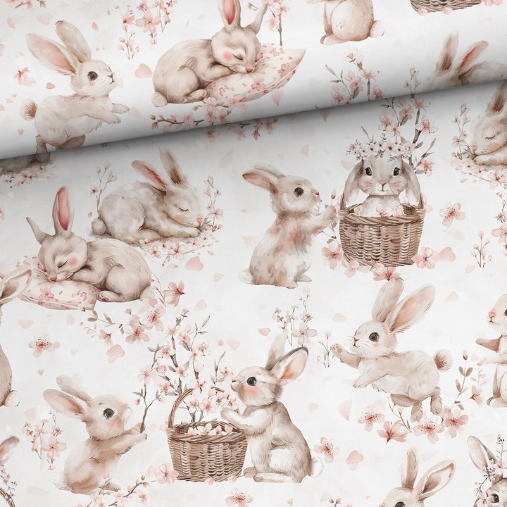 Material textil, Bumbac imprimat Blossom bunnies, bumbac 100%