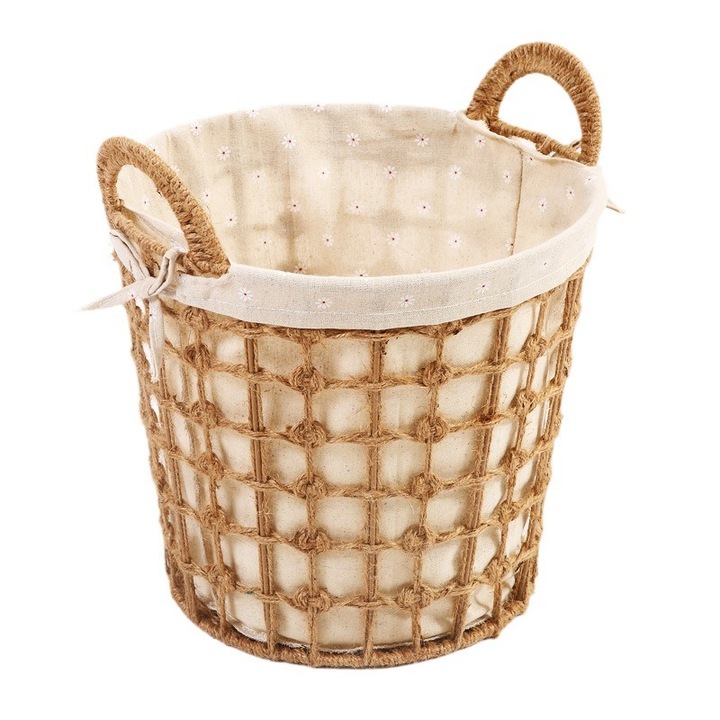 Cos mijlociu rotund de depozitare, ratan, cu manere, design traditional, bej, 33*26*30/37 cm