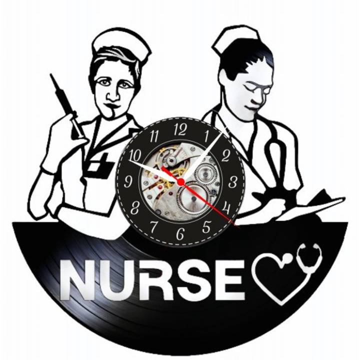 Dekoratív falióra "Medical Care - Ápolónő elhivatottsága", bakelit lemezből (Vinyl Record) készült, Ápolónői design