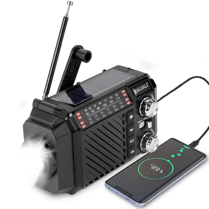 Radio Portabil Camping Cu Lampa LED, Bedee, Radio FM/AM/SW1-2 meteo de urgenta, Manivela, energie solara si USB incarcat, Powerbank 2600 mAh, Lampa de citire si alarma SOS, Suporta redare pe card USB/TF, Negru