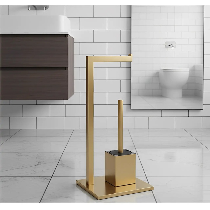 Set suport hartie igienica, baza dreptunghiulara, suport perie de toaleta si perie de toaleta, din inox, Auriu, 22 x 18 x 60 cm