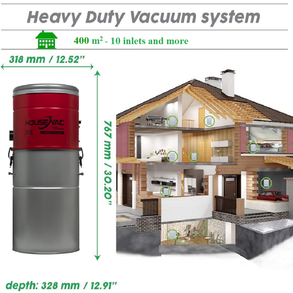 Aspirator Central HouseVac HV755ST, 755 AirWatt, 10 prize, set PREMIUM cu furtun 12m, 35l, 33x77cm