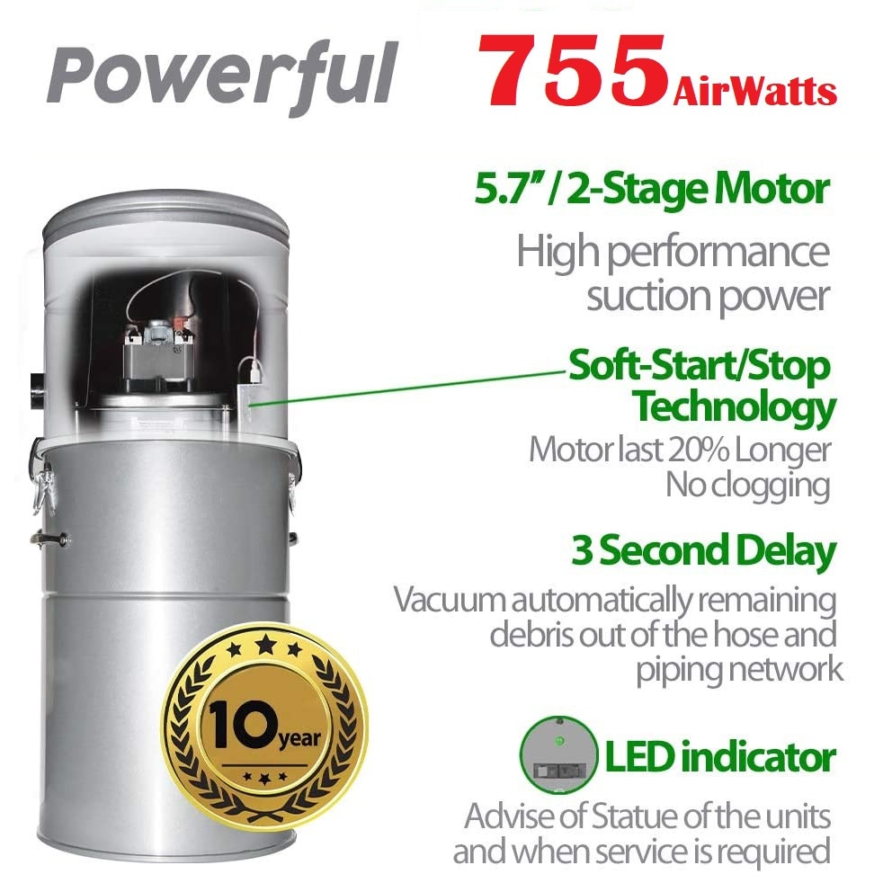 Aspirator Central HouseVac HV755ST, 755 AirWatt, 10 prize, set PREMIUM cu furtun 12m, 35l, 33x77cm