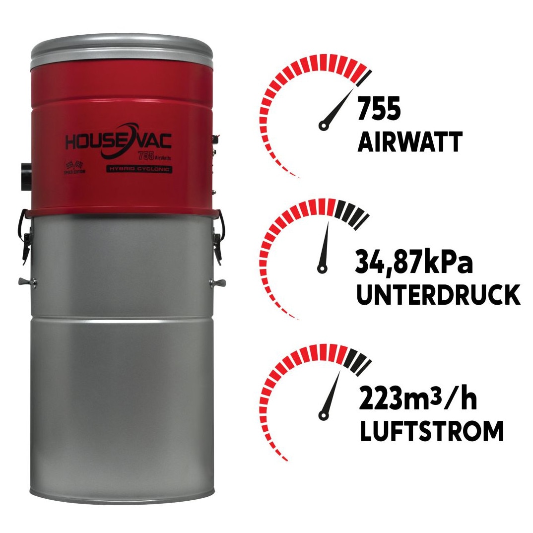 Aspirator Central HouseVac HV755ST, 755 AirWatt, 10 prize, set PREMIUM cu furtun 12m, 35l, 33x77cm