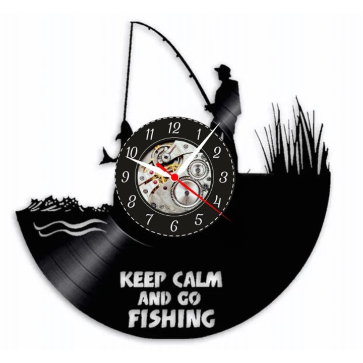 Dekoratív falióra - Keep Calm and Go Fishing - bakelitlemezből készült (Vinyl Record), Horgászat & Hobbi design