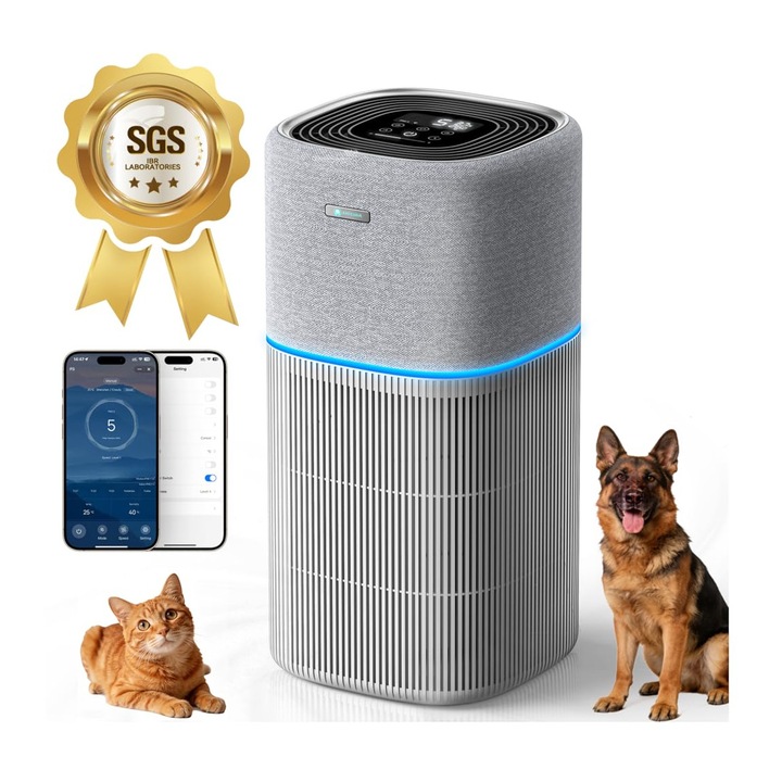 Amicura P3 Purificator de aer inteligent pentru incaperi mari de pana la 250 m2, H13 HEPA si filtru de carbune activ, CADR 520 m3/h, afisare in timp real a calitatii aerului, mod automat si somn, temporizator aplicatie