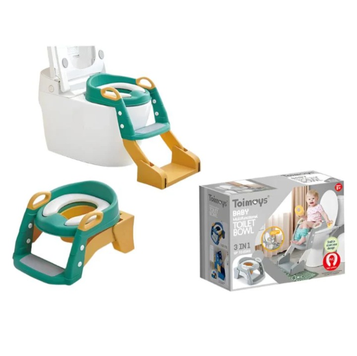 Reductor Wc cu Scarita, Olita, Pentru Copii, GHEMOTOC®, cu Colac Moale PU, Inaltime Ajustabila, Prevazut cu Manere, cu Protectie Antistropire, Antiaderent, Verde