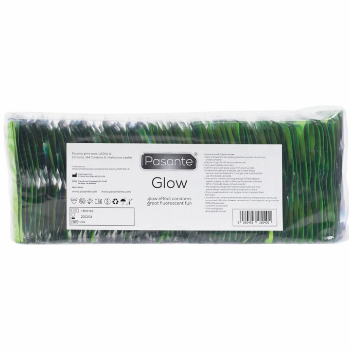 Prezervative Pasante Glow, 144 bucati, 53 mm, efect de stralucire in intuneric, din latex natural