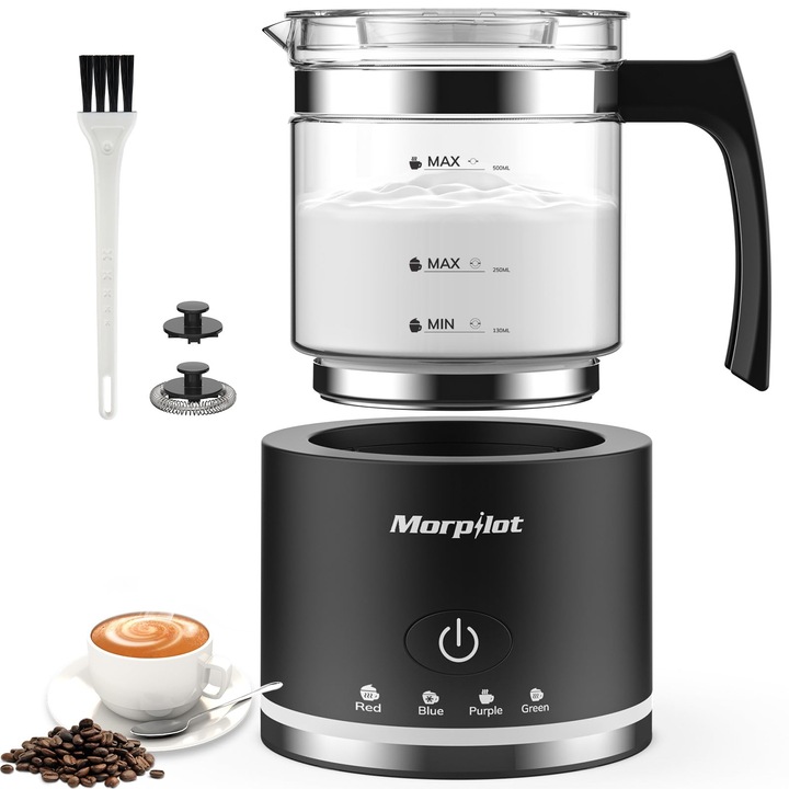 Spumator De Lapte Electric Morpilot, Spumator De Lapte 4 In 1 Pentru Lapte Cald Si Rece, Potrivit Pentru Masina De Spalat Vase, Sticla Vizuala, Design Latte, Negru