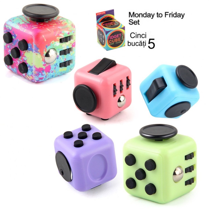 Set Anti-Stres Luni–Vineri 5 bucati: Fidget Cube cu Butoane si Joystick – Jucarie Relaxanta pentru Birou, Scoala si Acasa | Culori Vibrante, Perfect cadou pentru Adulti si Copii