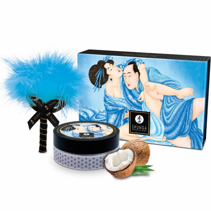 Set de masaj Shunga, pulbere cu aroma de cocos, 75g, pentru piele sensibila, aplicare usoara