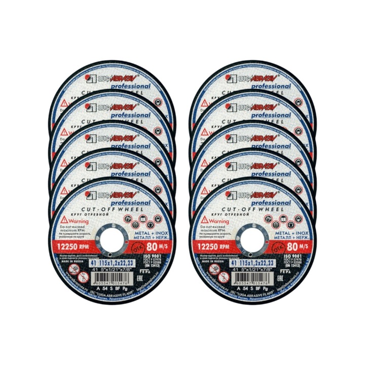 Set 10 discuri abrazive LUGA ABRASIV pentru metal si inox 115x1.2x22.23mm