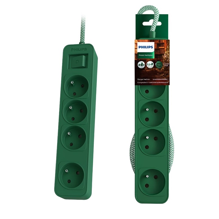 Prelungitor Philips, model CHP2147G/60, 4 gniazda, 1.5m, verde