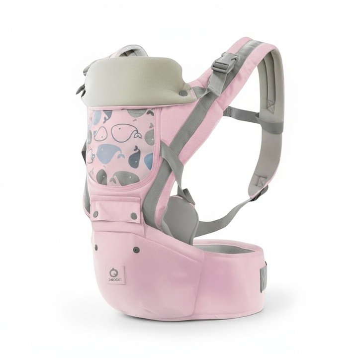 Marsupiu ergonomic 3 in 1 pentru bebelusi, pozitie M, cu suport lombar si sezut tip scaunel (hip seat), reglabil, 0-36 luni, roz