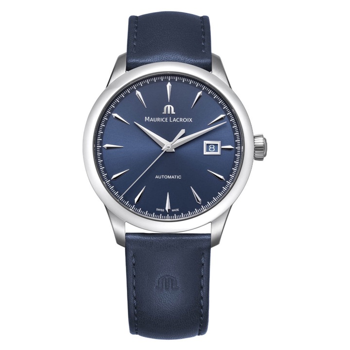 Ceas barbatesc Maurice Lacroix 1975 Automatic, 40mm, carcasa argintie, curea din piele albastra, rezistent la apa 100m