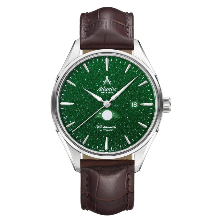 Ceas barbatesc Atlantic 52783.41.71, cadran verde, carcasa rotunda 42x11mm, curea din piele