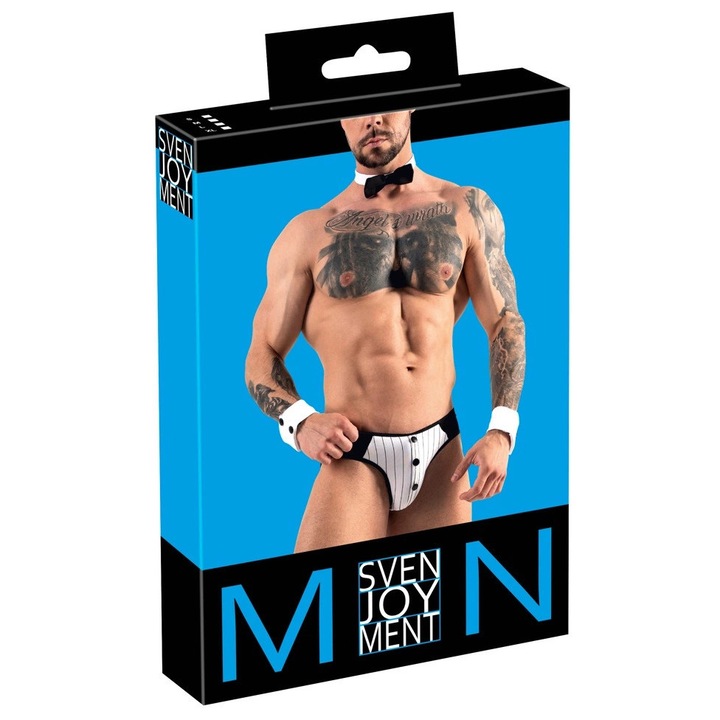 Set masculin Svenjoyment, cu deschidere, mansete, musca, negru cu alb, S
