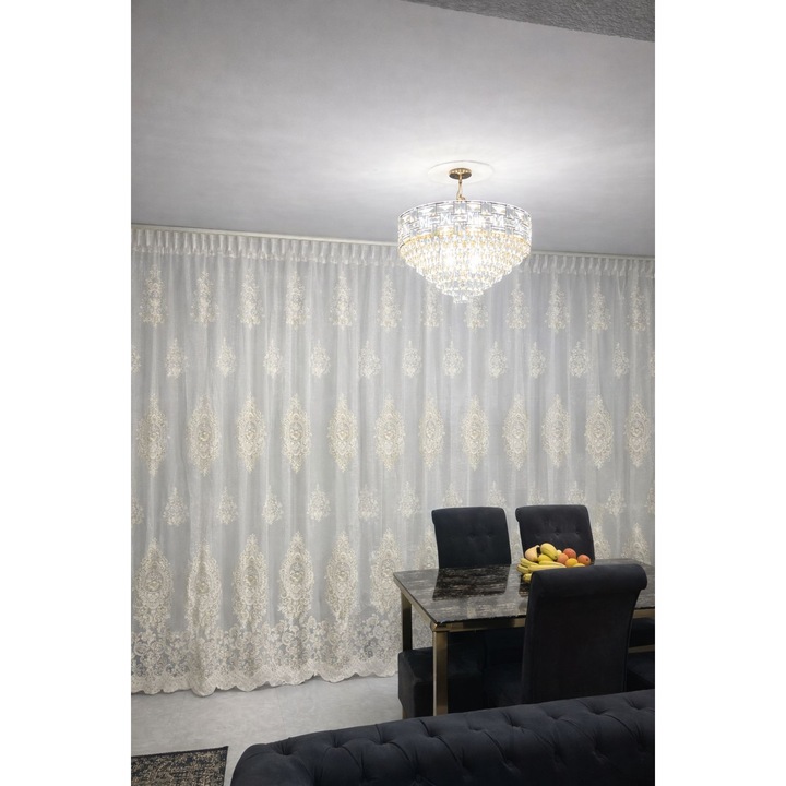 Тюлена завеса с бродерия, модел Nosara, кремаво-златиста, изработена с ширит 600 x 240 см