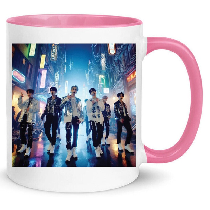 Cana Fantasy Boys No.4, ceramica premium, 330ml, alb si roz, design imprimat de inalta definitie, lavabila la masina