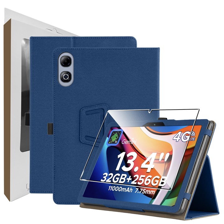 Husa Zzjoooj Pentru Tableta Doogee G6 Max De 13, 4 Inch, Husa Ultra Subtire Din Pu, Pachet De Protectie Pentru Tableta Cu 1 Folie Anti-Zgarieturi Cu Duritate 9H, Functie De Suport Vertical Si Curea De Mana, Albastru Marin