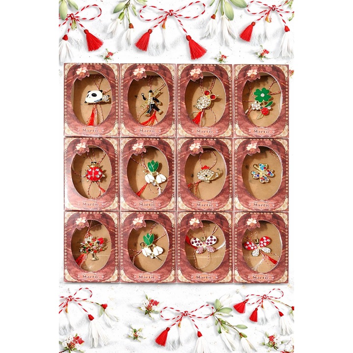 Set 12 martisoare clasice tip brosa, modele si culori mixte, 1-8 Martie