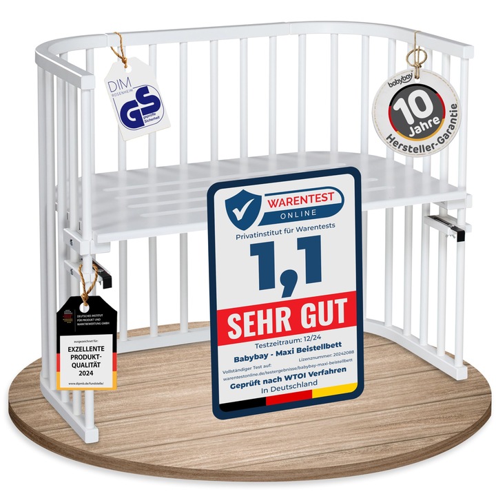 babybay Maxi pat lateral extra mare din lemn masiv de fag / pat pentru copii reglabil infinit pe inaltime si ecologic / pat pentru copii care creste cu tine (vopsit in alb)