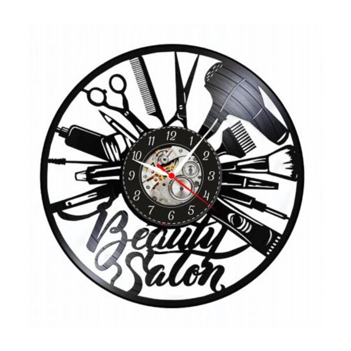 Декоративен стенен часовник - Салон за красота - Изкуство за грим и прически - изработен от винилова плоча (Vinyl Record), дизайн Салон за красота, Черен, 30 см