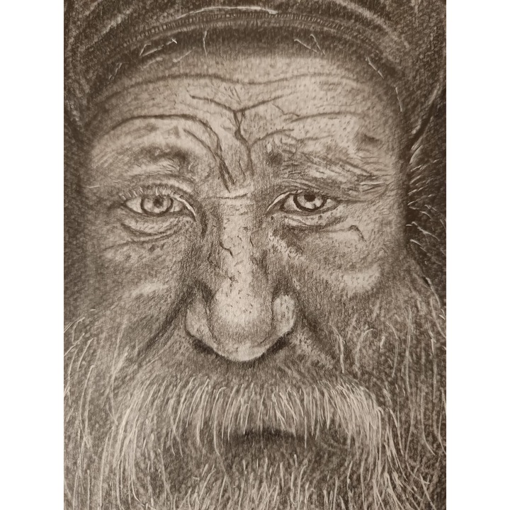Tablou Portret Realist „Batranul Marinar” – Desen Manual in Creion de P.Cris, Inramat, 17x23 cm