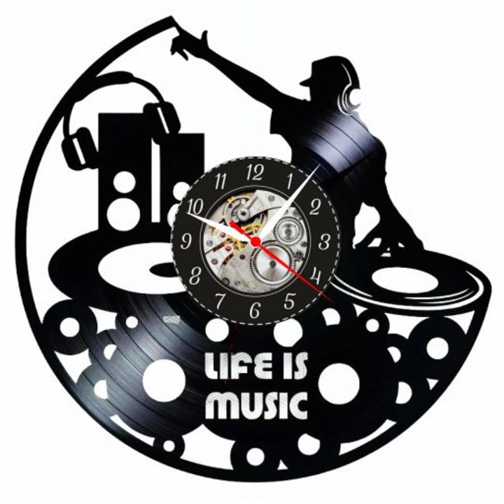 Ceas de perete decorativ - Life is Music - DJ Mix Master - realizat din disc de vinil (Vinyl Record), design Muzica & Party, Negru