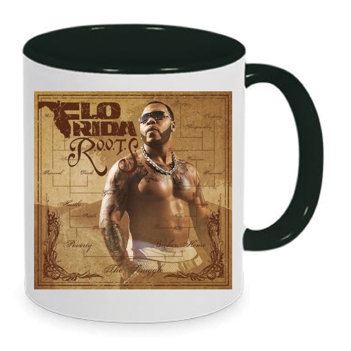 Cana Flo Rida No.2, ceramica premium, 330ml, alb/ negru, design imprimat de inalta definitie