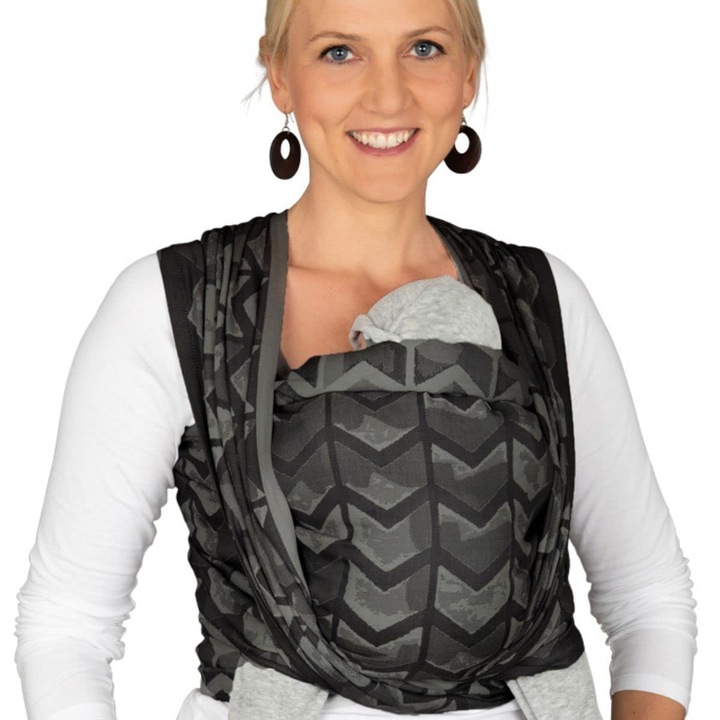 Sling pentru bebelusi tesut Hoppediz de la nastere, nou-nascut pana la copil mic, 100% bumbac organic, Amsterdam negru 4, 60 m