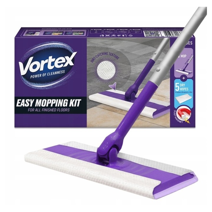 Set mop rotativ plat Vortex, 5 servetele electrostatice uscate, pentru toate tipurile de podele, design ergonomic
