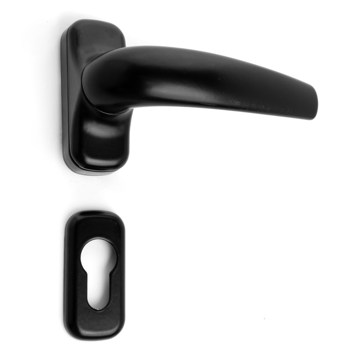 Manere aluminiu Grecia X 502 negre, pentru usi termopan de aluminiu. Set de 2 manere pentru ambele fete ale usii + capace butuc, patrat si suruburi montaj