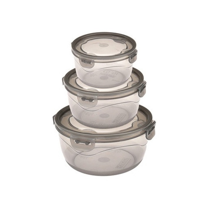 3 db kerek Lock&Fit Clear Smoky Color élelmiszertartó doboz fedéllel, Ucsan M-1588