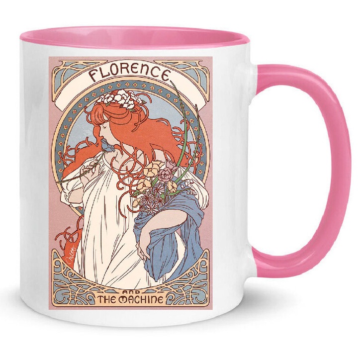 Cana ceramica No6, alb cu detalii roz, 330ml, pentru cafea si ceai, set pentru fani Florence and the Machine