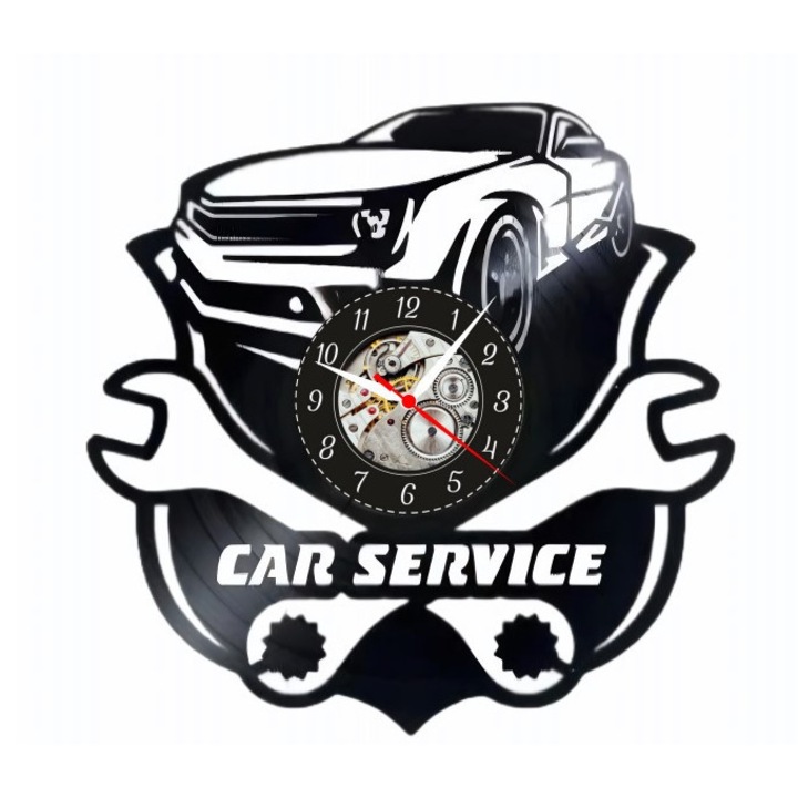Dekoratív falióra - Car Service Master - Garázs Stílus - vinyl lemezből készült, autó és mechanika dizájn, fekete