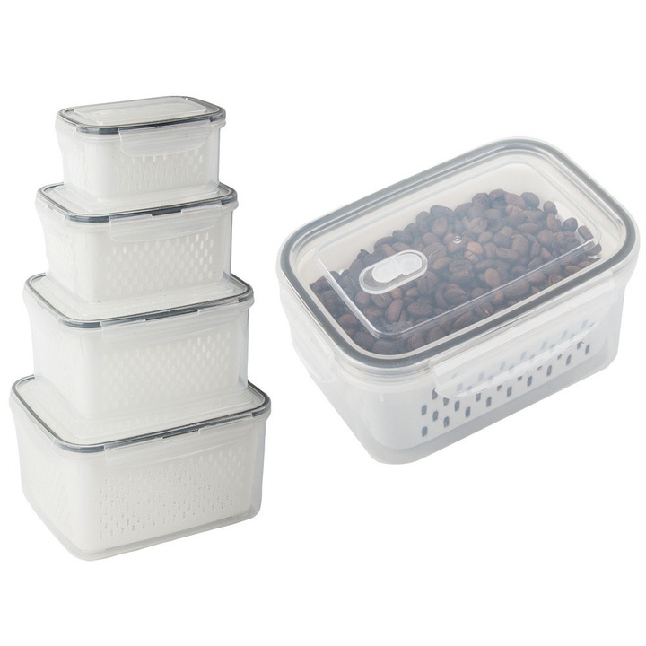 Set de 4 cutii pentru alimente, WTO®, pastrare in frigider, depozitare legume/fructe, garnituri din silicon, Transparente, 600ml/1400ml/2500ml/4000ml