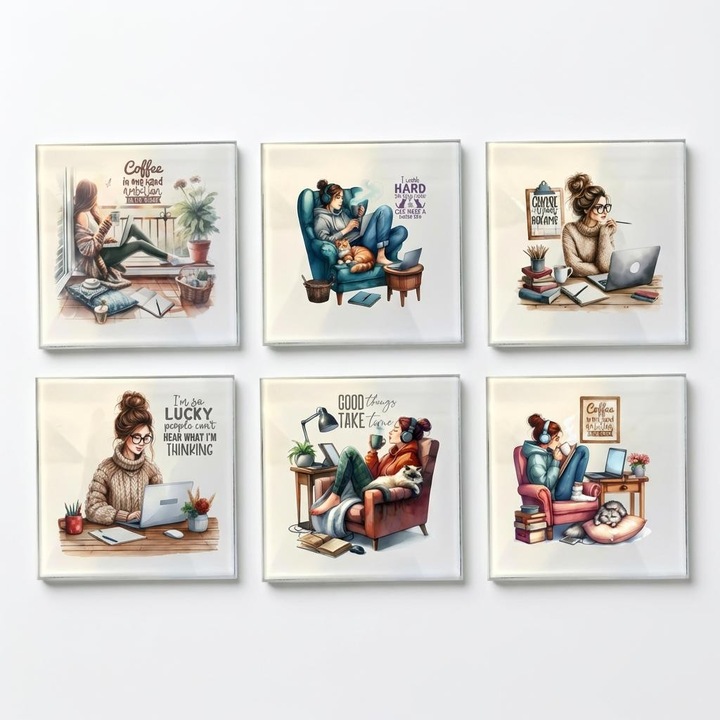 Set 6 suporturi de cana din sticla – Mesaje motivationale si ilustratii feminine – 10x10 cm