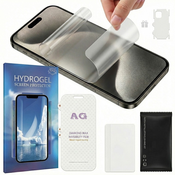 Folie Mata Protectie Fata Hydrogel TPU, Premium pentru iPhone 16 Pro, Full Cover 360, Finisaj Mat Anti-Amprente, Auto-Regenerare, Protectie la Socuri si Zgarieturi, Ultra Slim, Montaj Usor Rapid, SIlicon Transparent Mat, Alikommerce AK